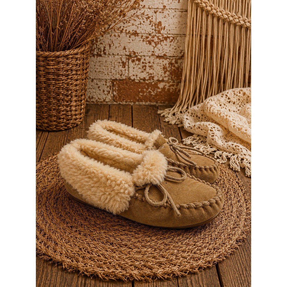 LL Bean Moccasins Tan Suede Shearling Slippers Women 7 Cabin Lounge Western Boho